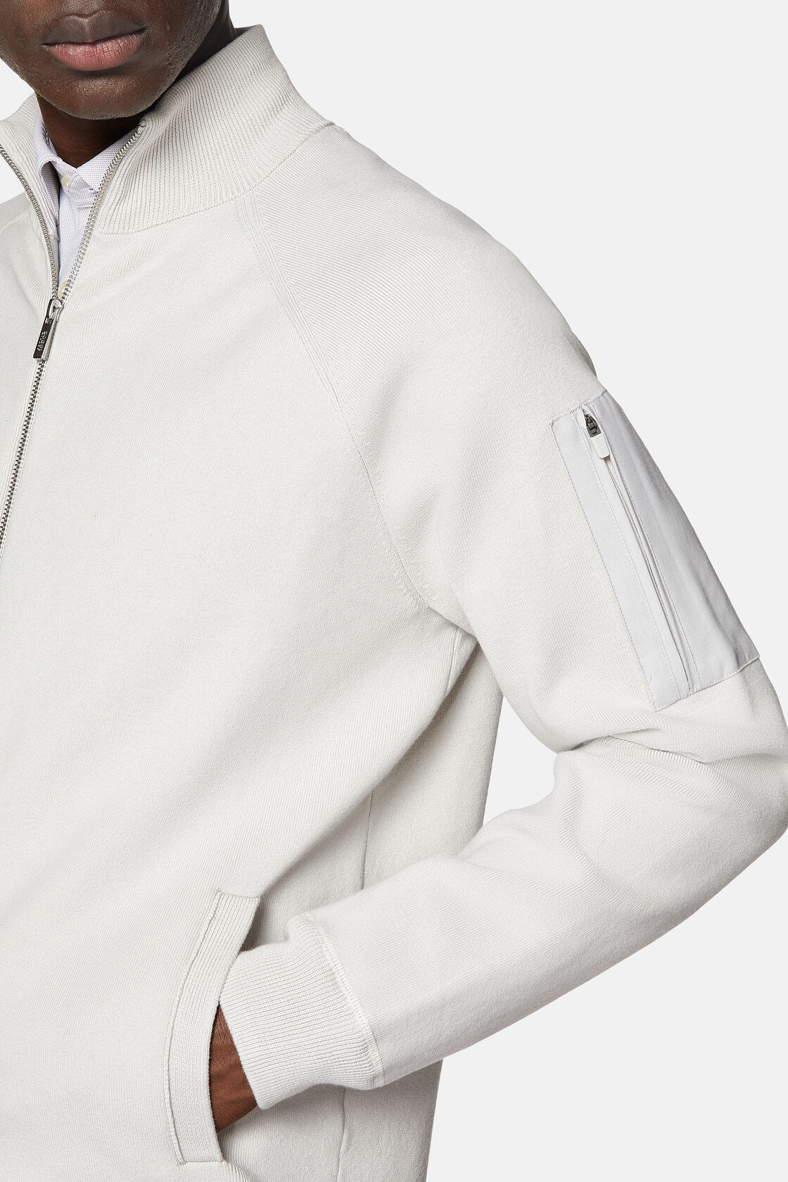 Sweat-Shirt Gris Full Zip En Maille En Coton Technique, Light grey, hi-res
