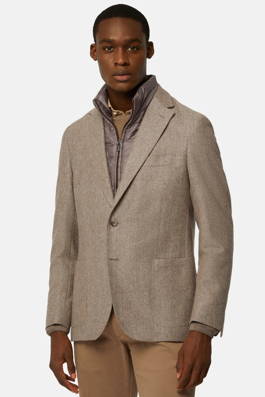 Men's Light Beige Herringbone Wool & Cashmere Blazer - 40 Colori