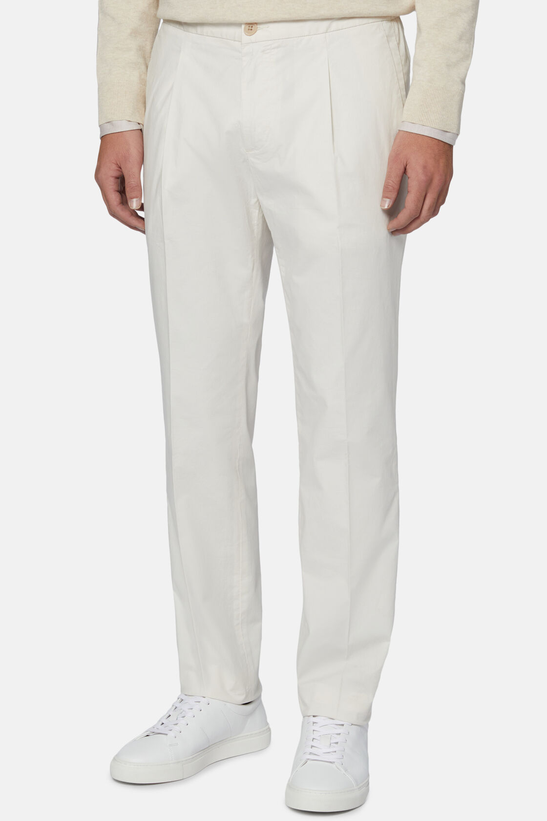 Pantalone in Cotone Elasticizzato con Pinces, Bianco, hi-res