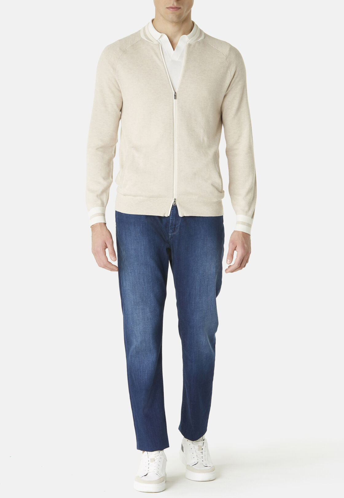 Men's Beige Knitted Bomber Jacket In Cotton Silk and Cashmere | Boggi ...