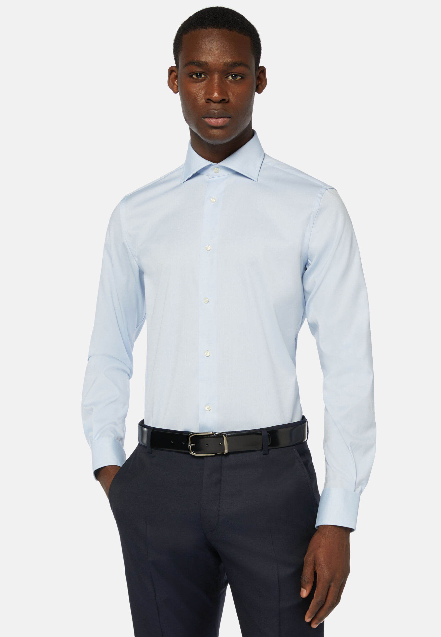 Camisa azul en pin point de algodón regular fit