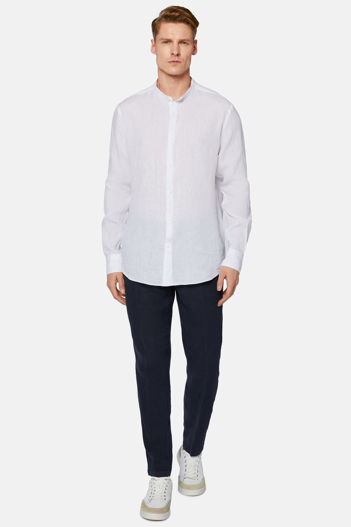 Linen Korean Collar Shirt Regular Fit, White, hi-res