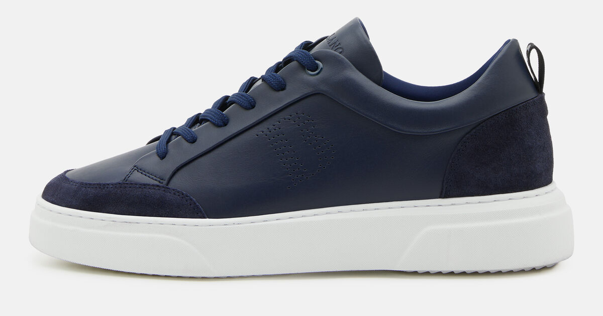Men's Navy Leather Trainers With Logo | Boggi Milano