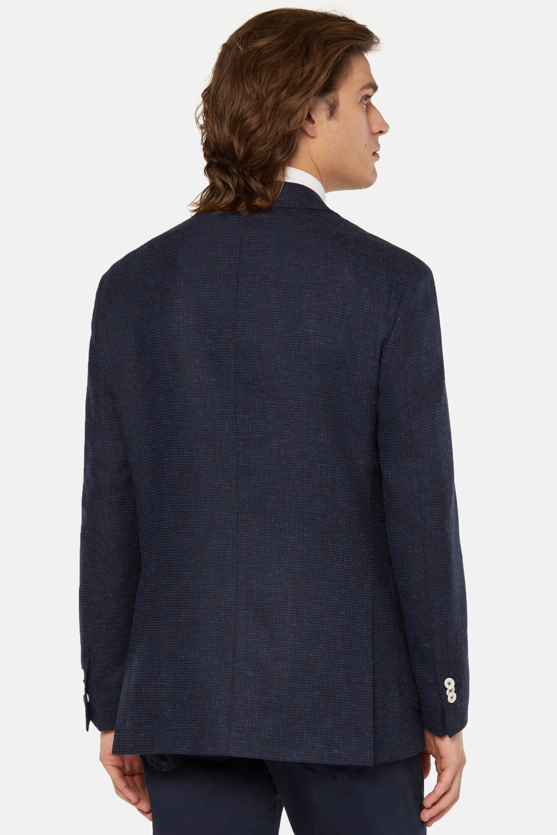 Marineblauwe blazer in stretch wol linnen, Navy blue, hi-res