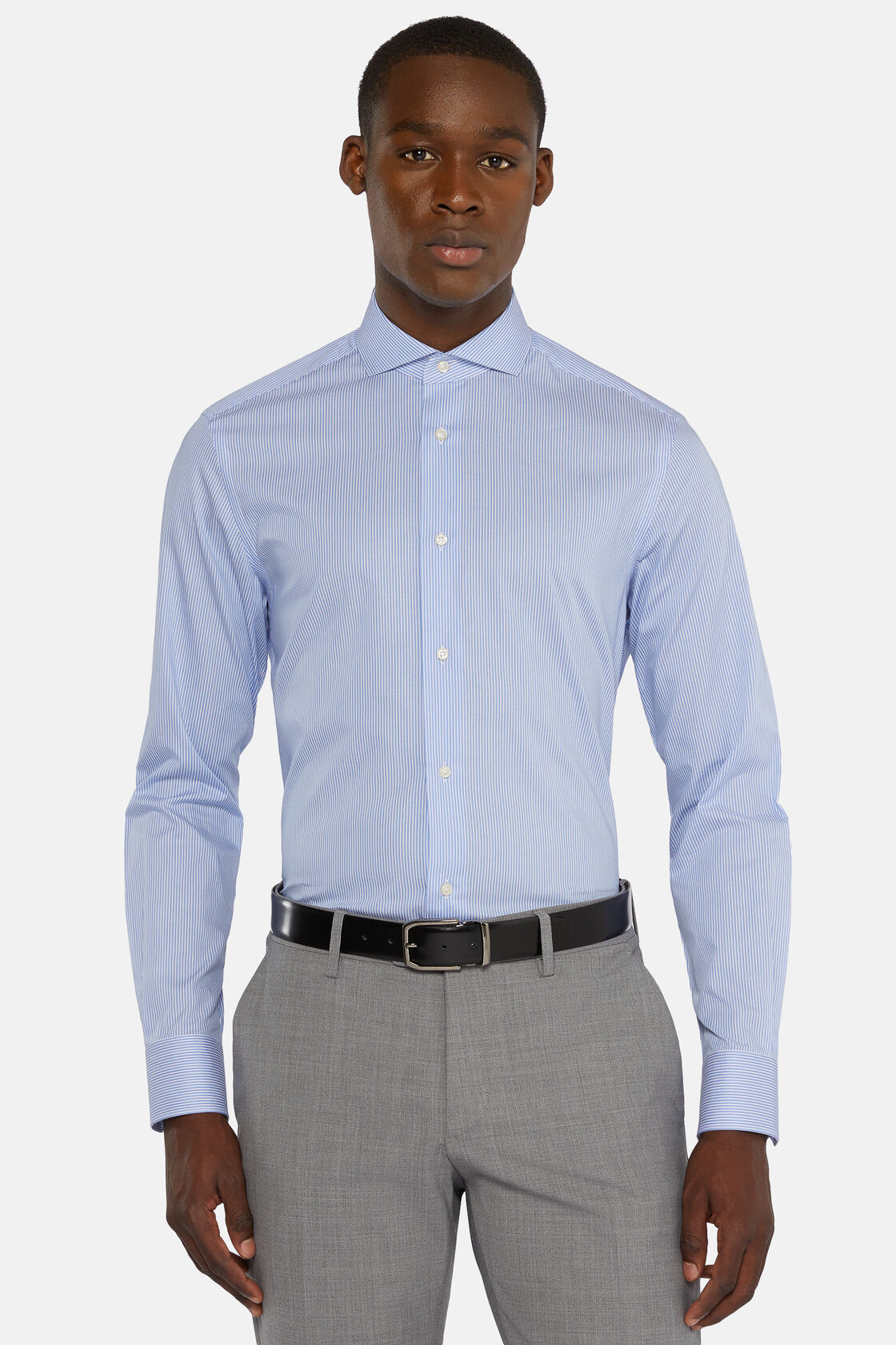 Camisa de algodão dobby azul celeste de ajuste slim, Medium Blue, hi-res