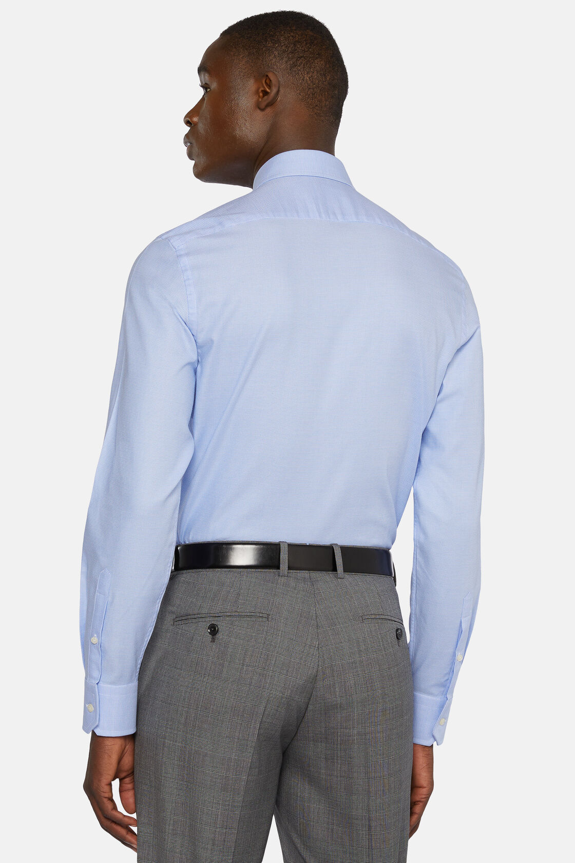Hemelsblauw slim-fit katoenen shirt met pied-de-poule, Light Blue, hi-res
