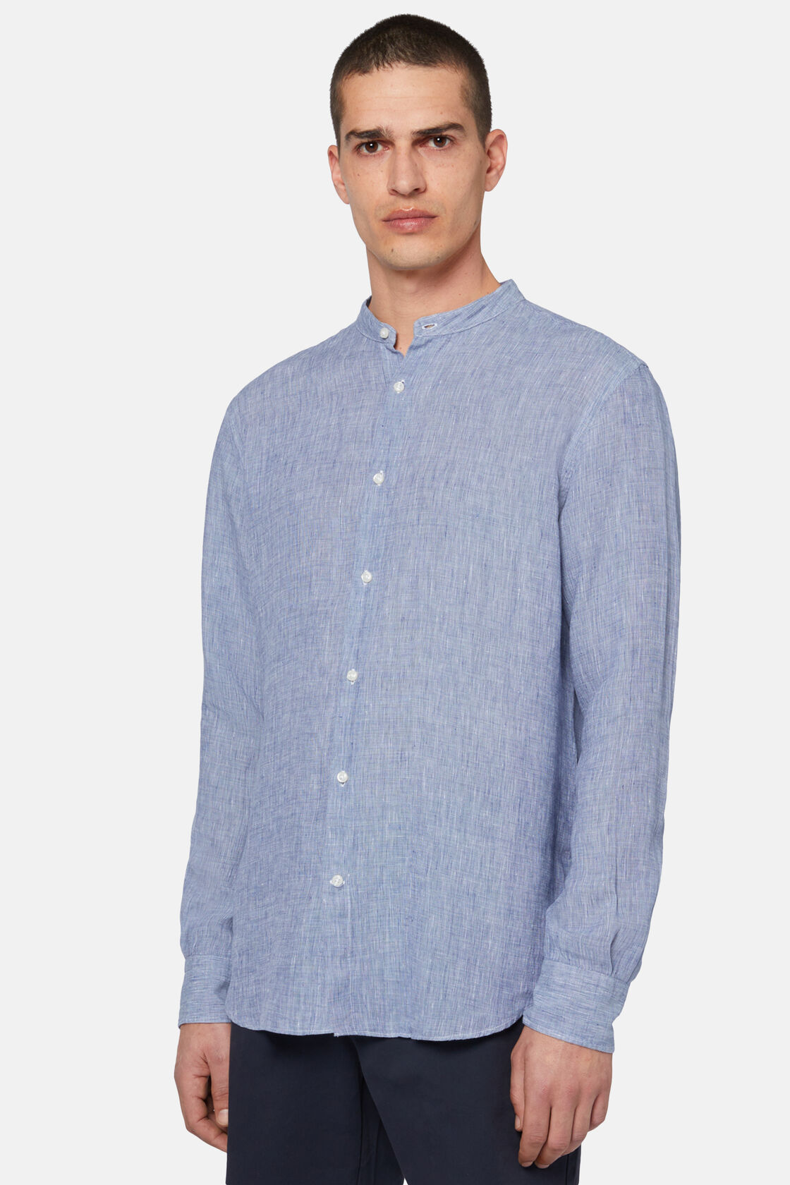 Camisa Coreana de Lino, Azul, hi-res