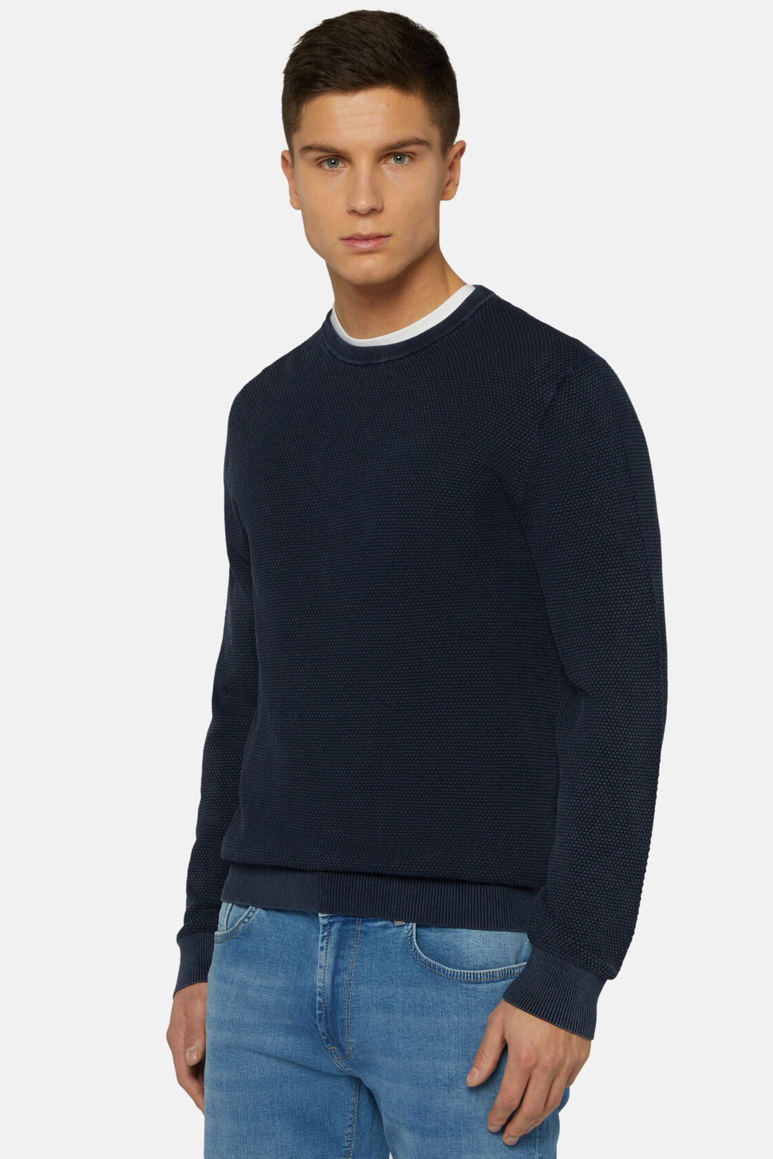 Cotton Stitching Crew Neck Sweater 12Gg