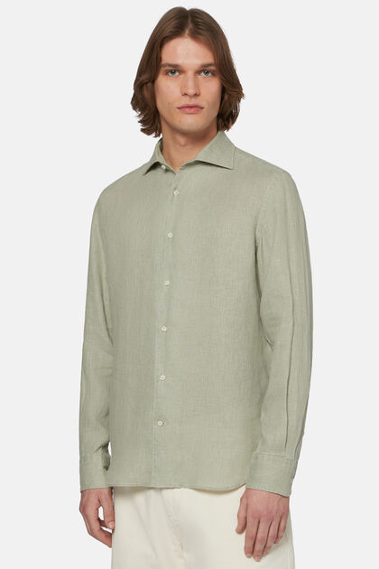 Koszula lniana w kolorze militarnej wojskowej zieleni, fason klasyczny, Military Green, hi-res
