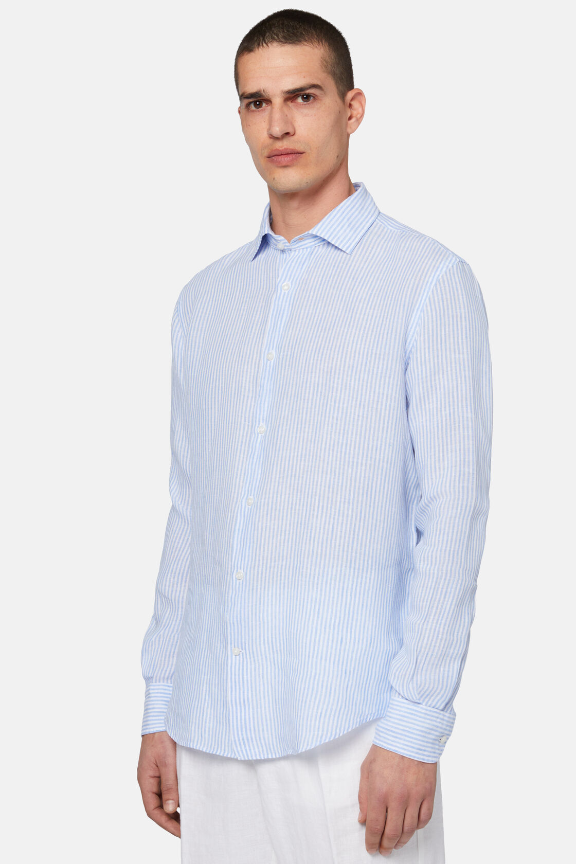 Striped Linen Closed Collar Shirt Regular Fit, Medium Blue, hi-res