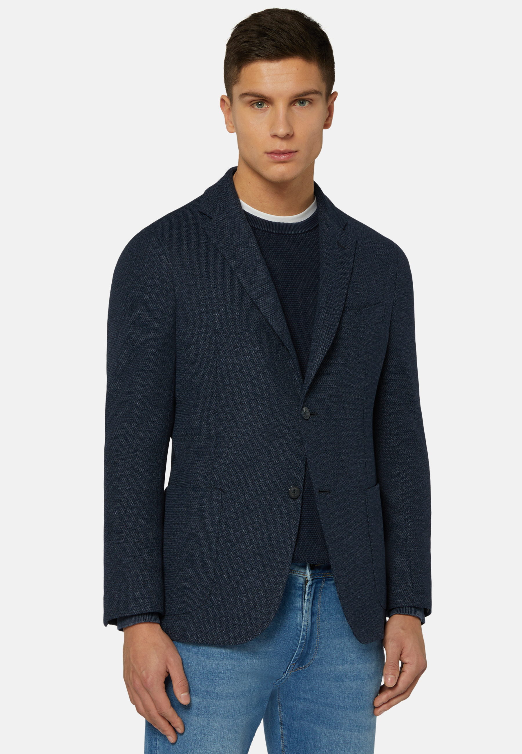 Wool cotton jersey jacket with patches in dark blue