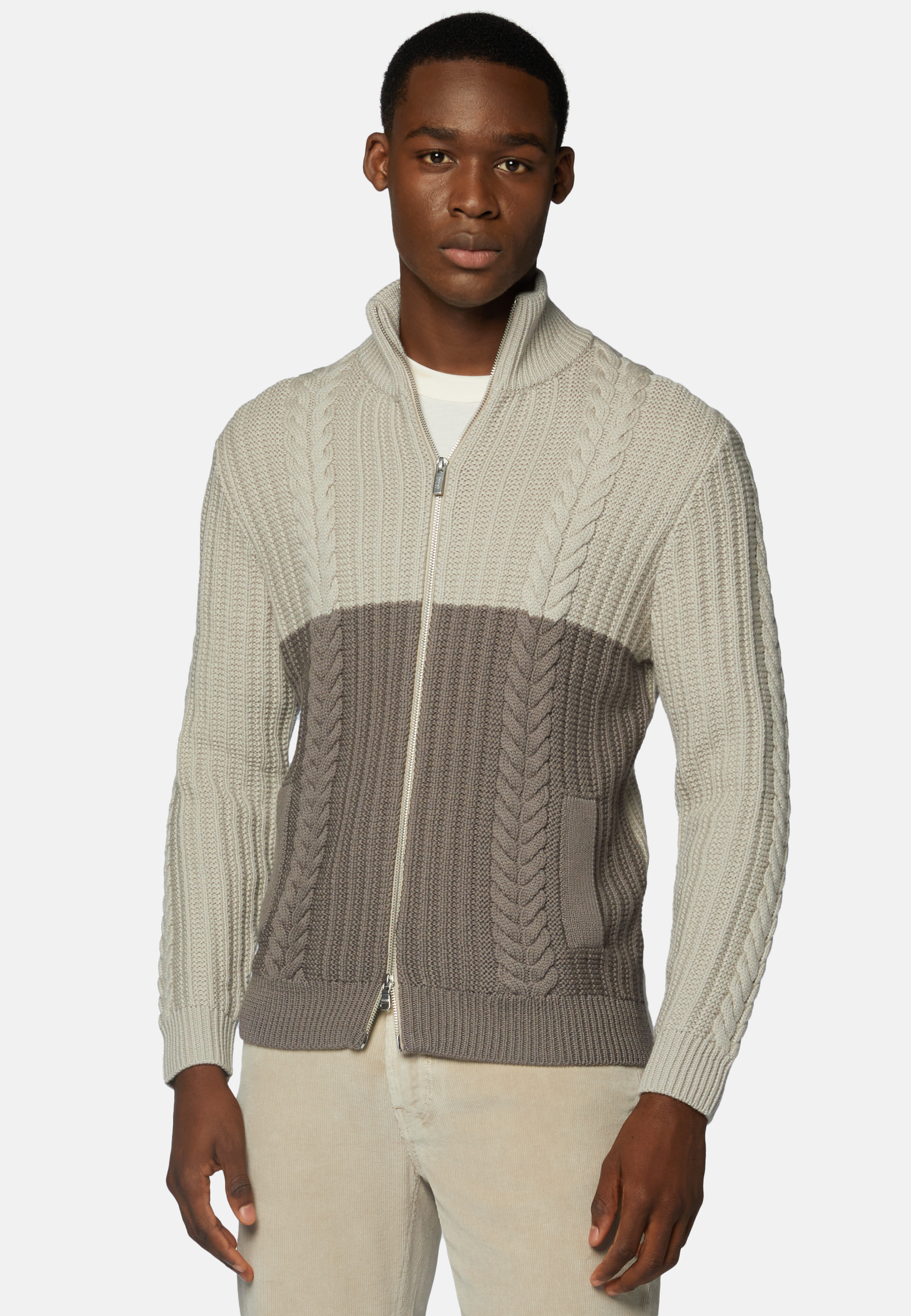 Men's Two-Tone Sand And Dove Grey Full–Zip Jumper in Merino Wool
