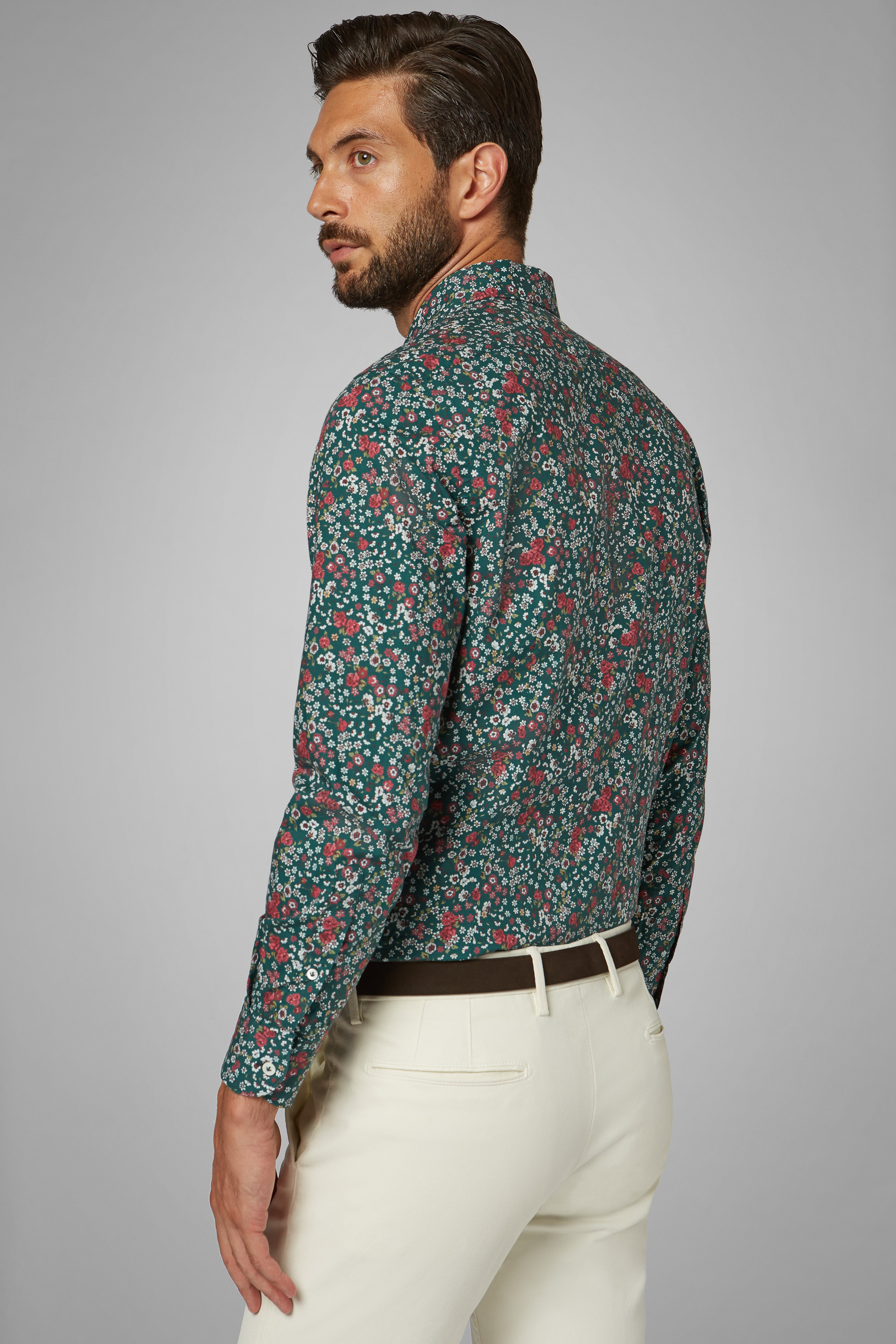 Men's Slim Fit Dark Green Floral Print Shirt With Florence Collar
