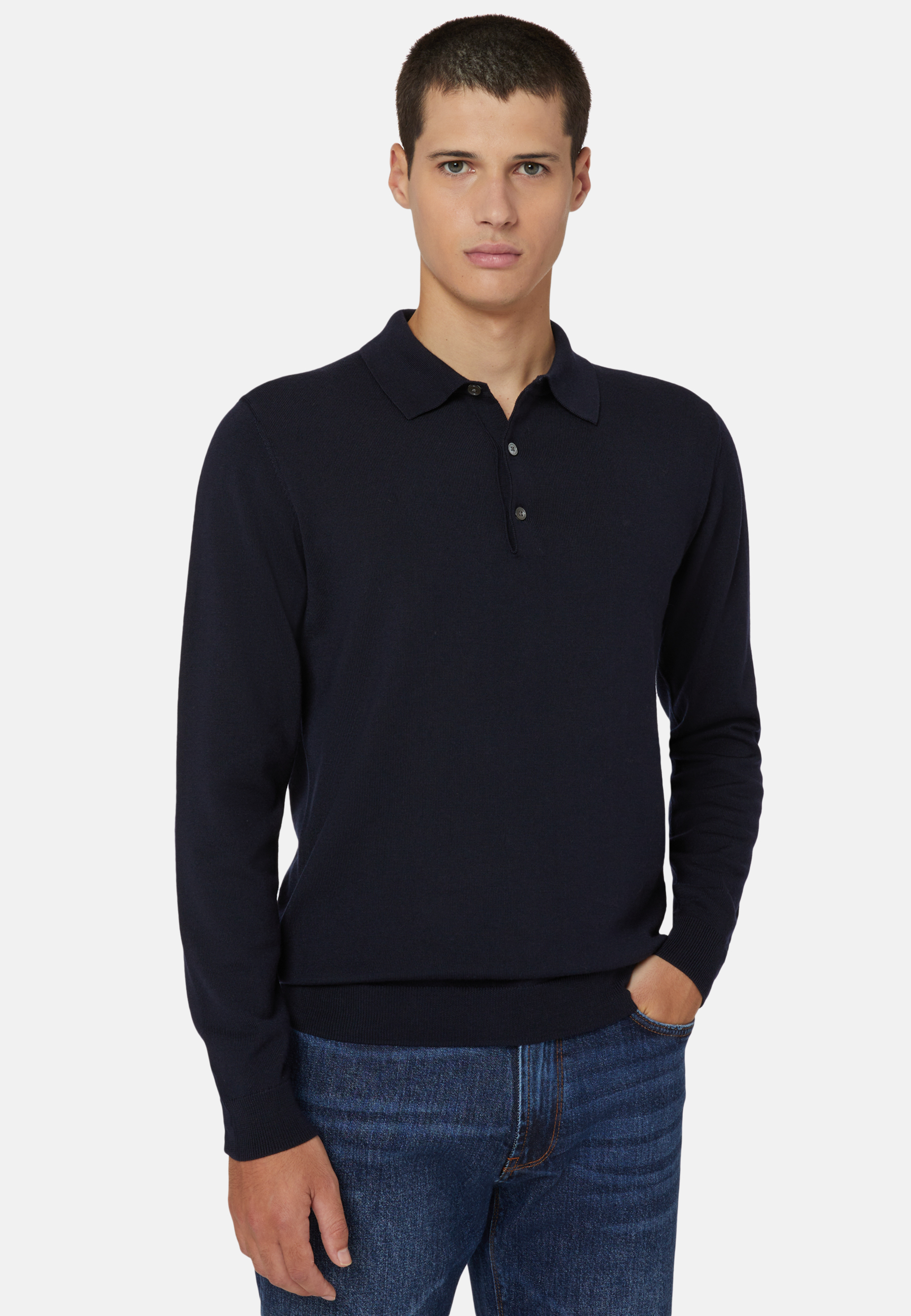 Navy Merino Wool Knitted Polo Shirt | Boggi