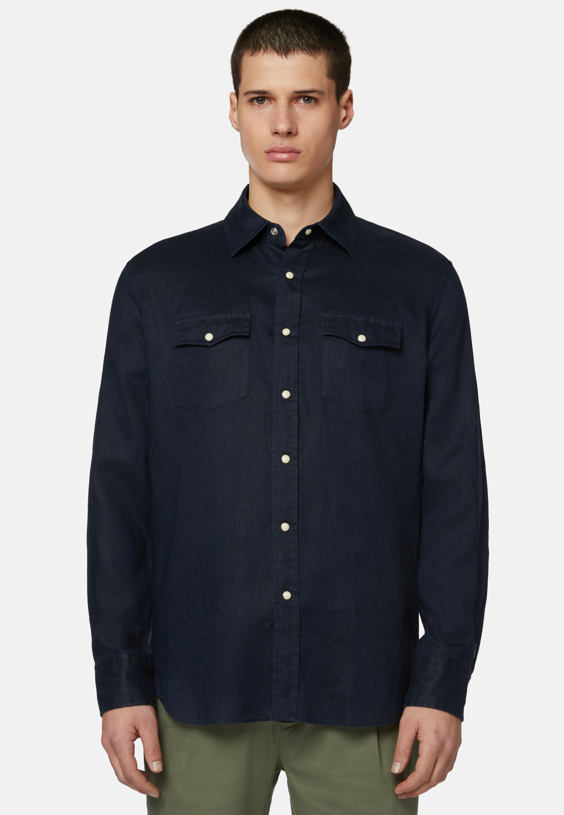 Regular Fit Navy Blue Linen Shirt | Boggi