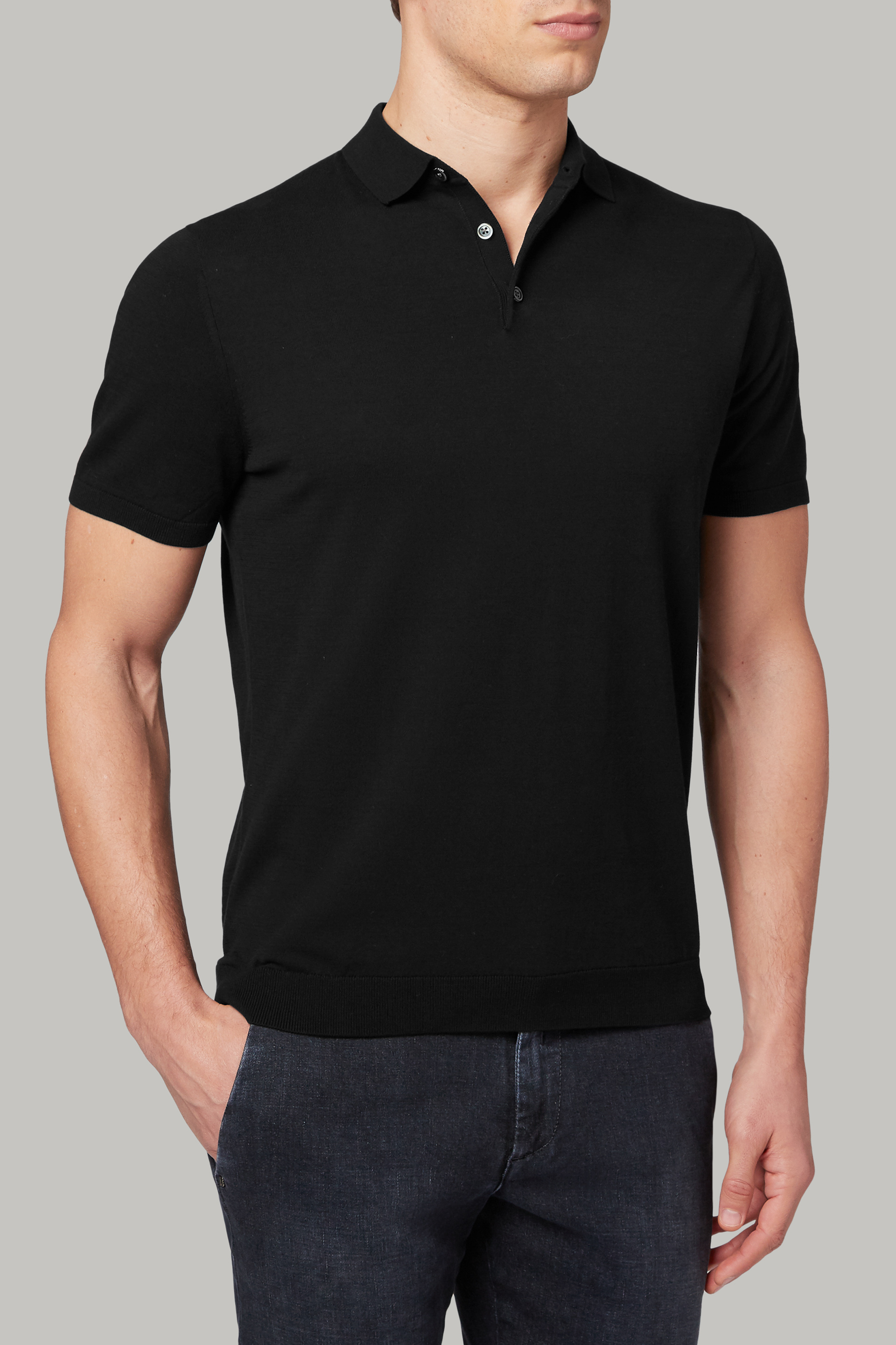 Black Knit Polo
 Black polo shirt in cotton crepe knit