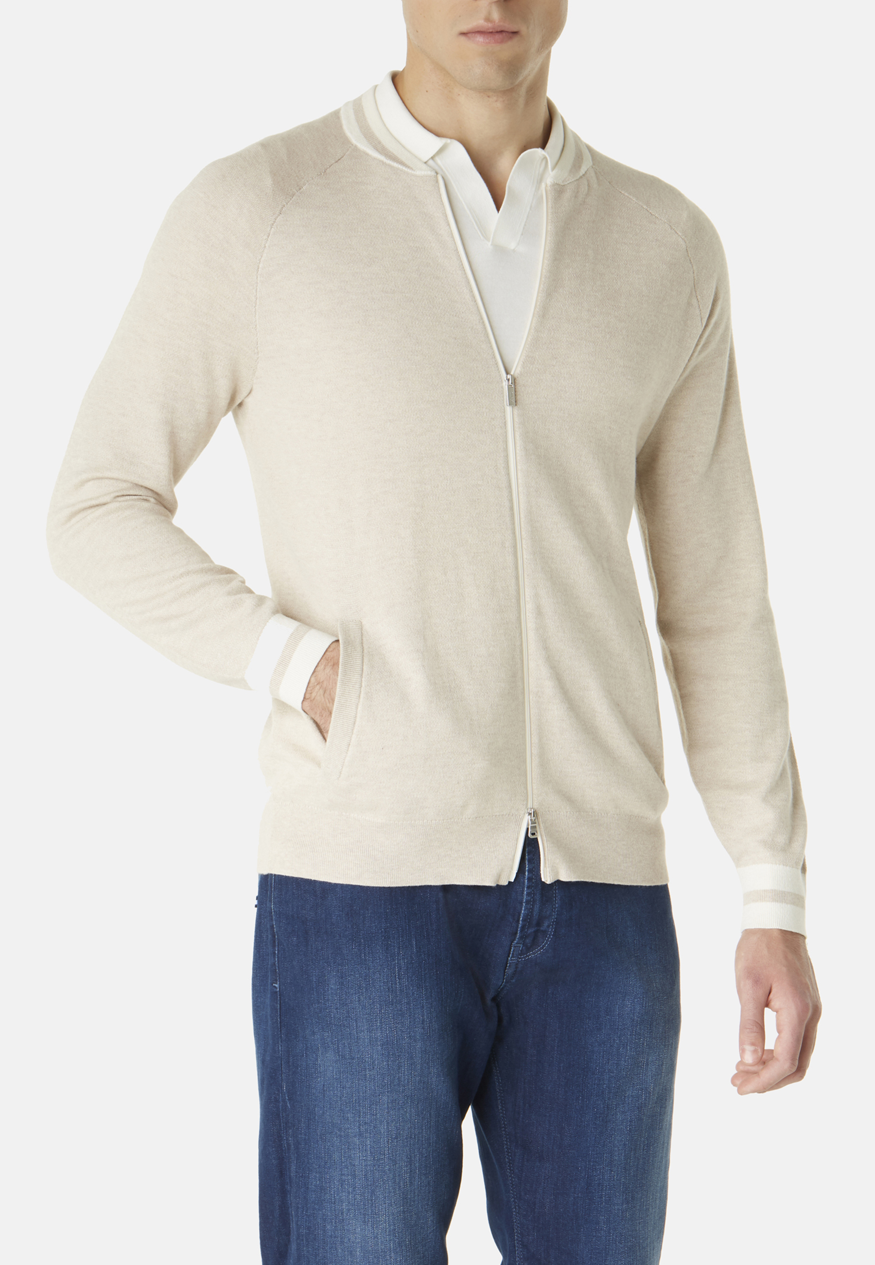 Men's Fur-Trim Cashmere Bomber Cardigan Sweater